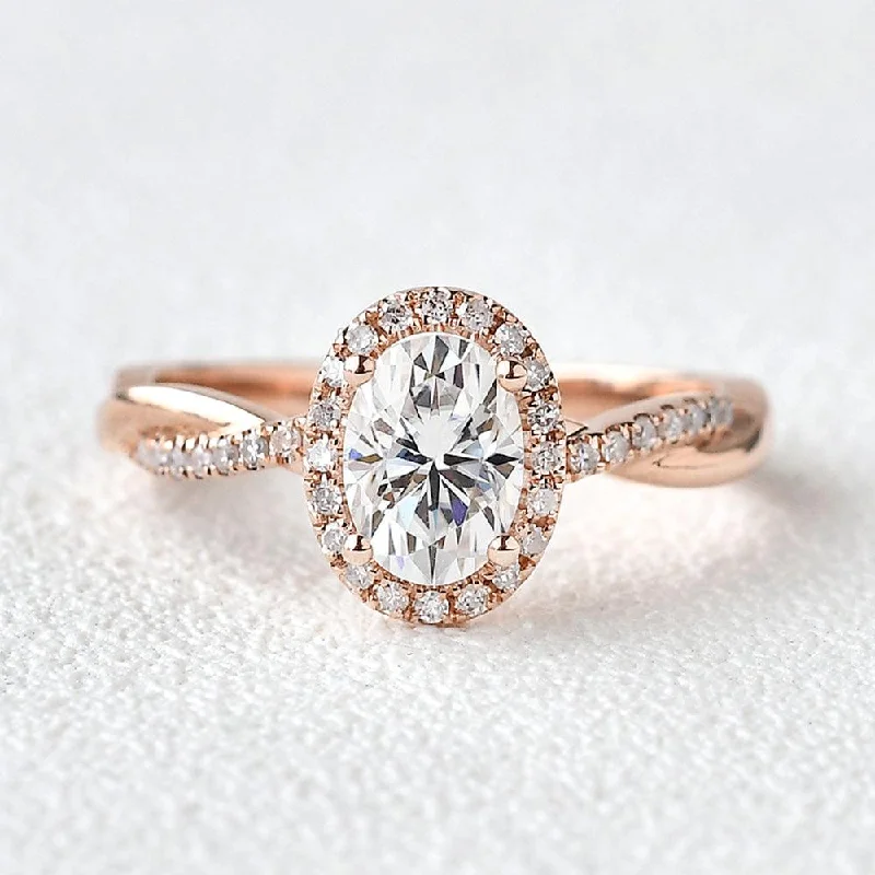 Engagement rings with trillion-cut peridot accents -1.5ct Oval Moissanite Twist Vintage Halo Ring