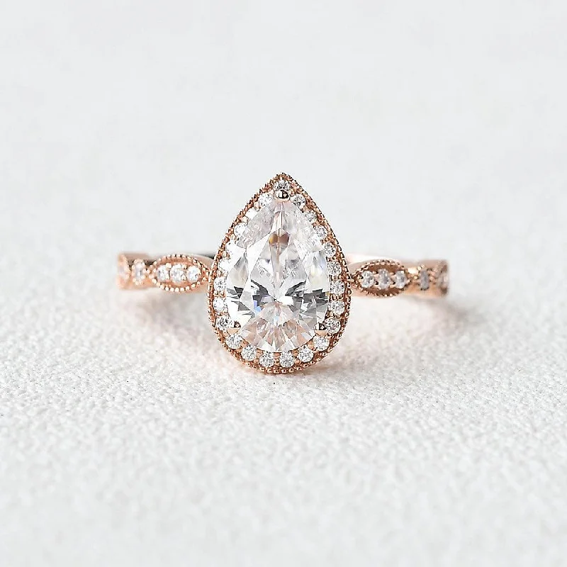 Engagement rings with matte finish rose gold -1.5ct Pear Cut Halo Colorless Moissanite Ring