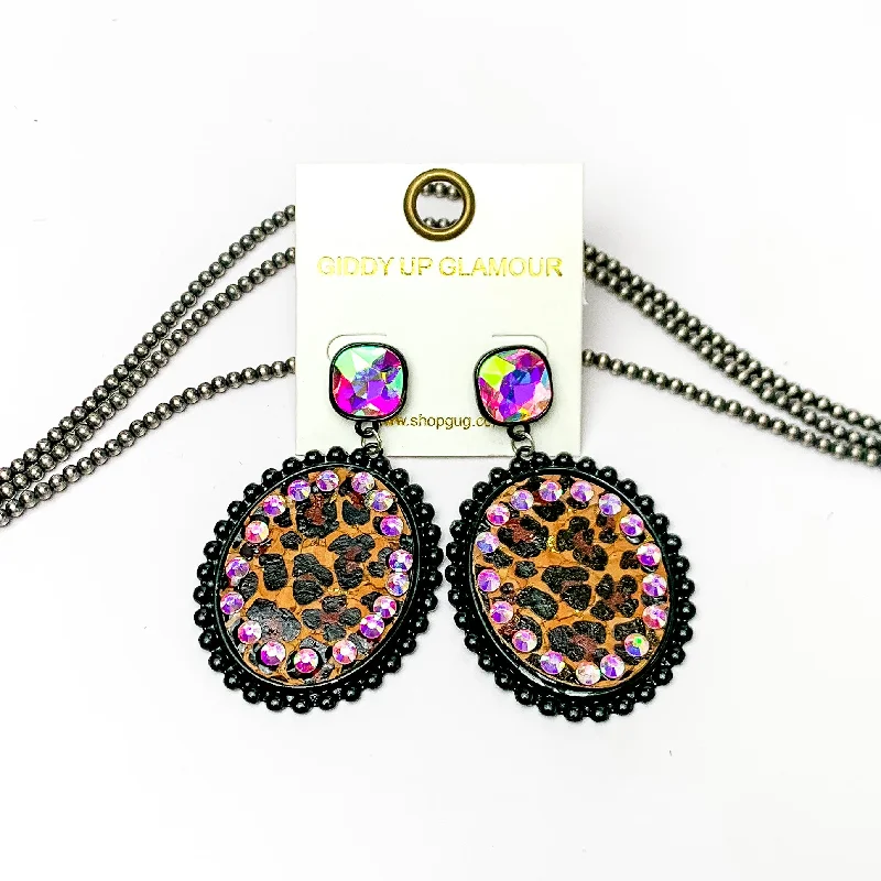 Best hoop earrings with enamel details for a colorful and modern look-AB Crystal Post Black Oval Earrings with Leopard Print Inlay and AB Crystal Outline