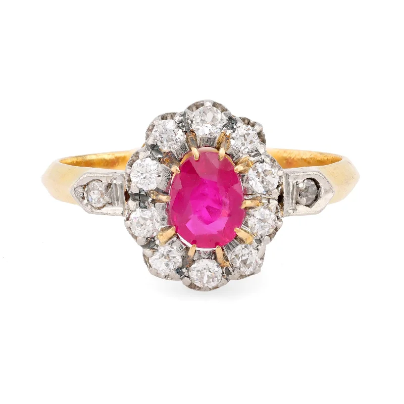 Engagement rings with pearl accents for elegance -Antique French Ruby Diamond 18K Yellow Gold Cluster Ring