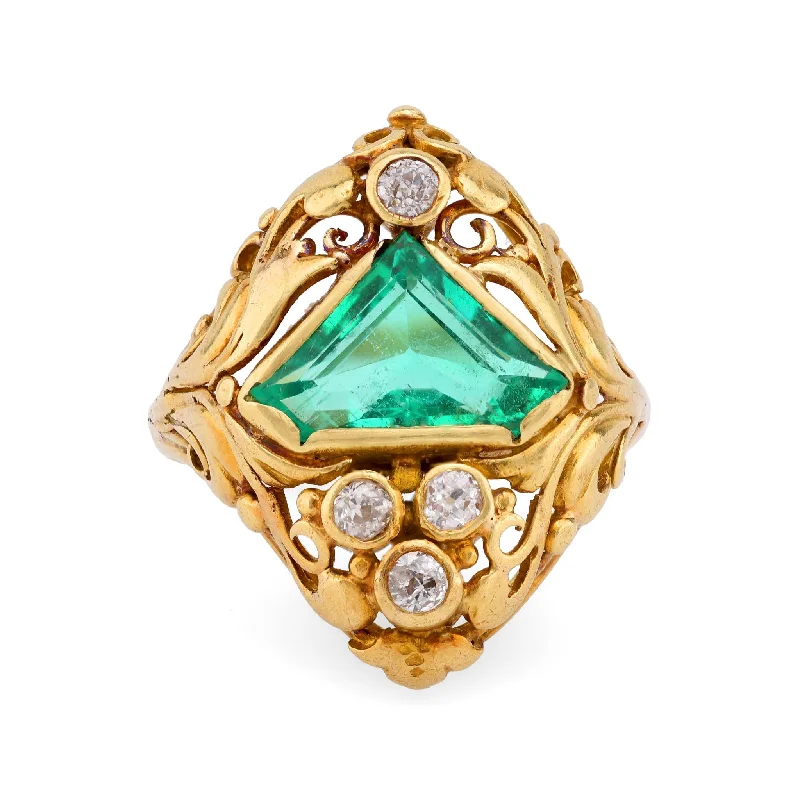 Engagement rings with radiant malachite for swirls -Antique GIA 1.95 Carat Shield Cut Emerald Diamond 18K Yellow Gold Scroll Ring