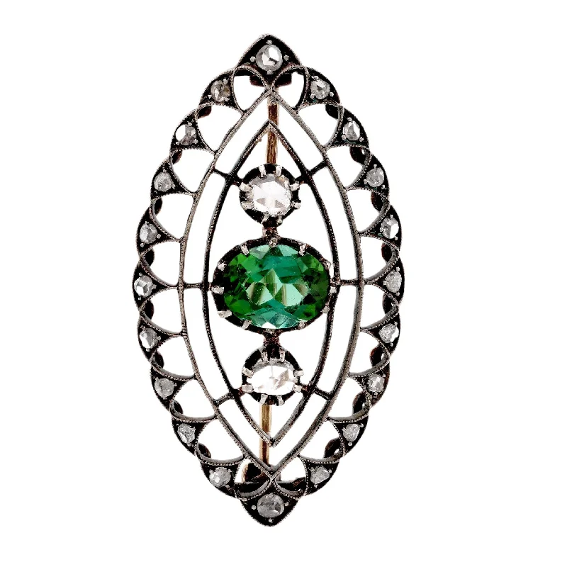 Engagement rings with leaf-inspired emerald designs -Antique Green Tourmaline Diamond 18K Yellow Gold Silver Brooch