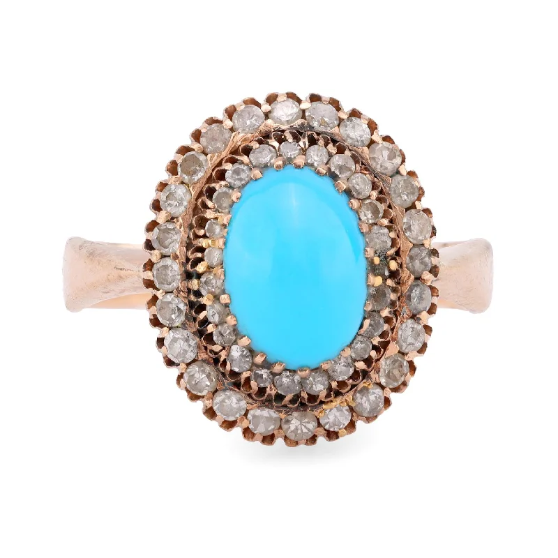 Engagement rings with starburst tiger eye glow -Antique Turquoise Diamond 14K Rose Gold Cluster Ring