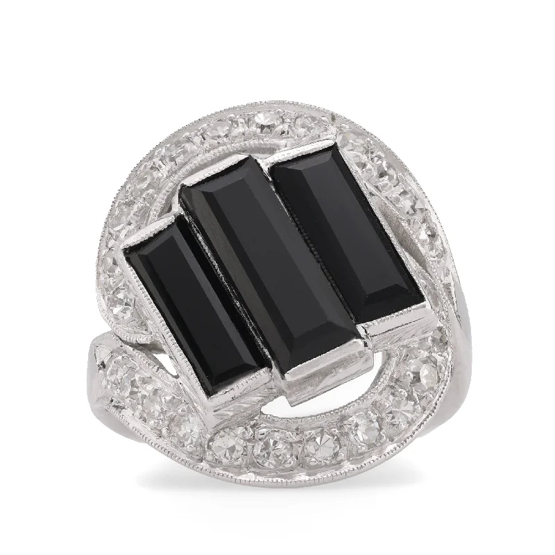 Engagement rings with rose quartz for romance -Art Deco Onyx Diamond Platinum Three Stone Ring