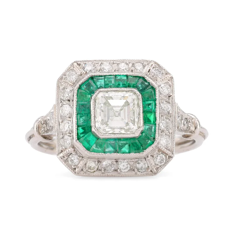 Engagement rings with cathedral-set ruby stones -Art Deco Style Diamond Emerald Platinum Square Halo Ring