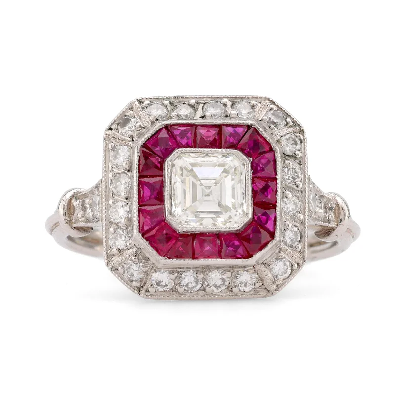 Engagement rings with two-tone sapphire bands -Art Deco Style Diamond Ruby Platinum Square Halo Ring