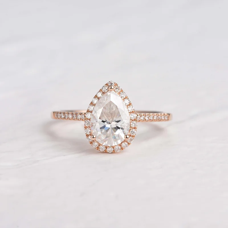 Engagement rings with double halo of opal -Aura Pear Shaped Moissanite Gold Engagement Ring