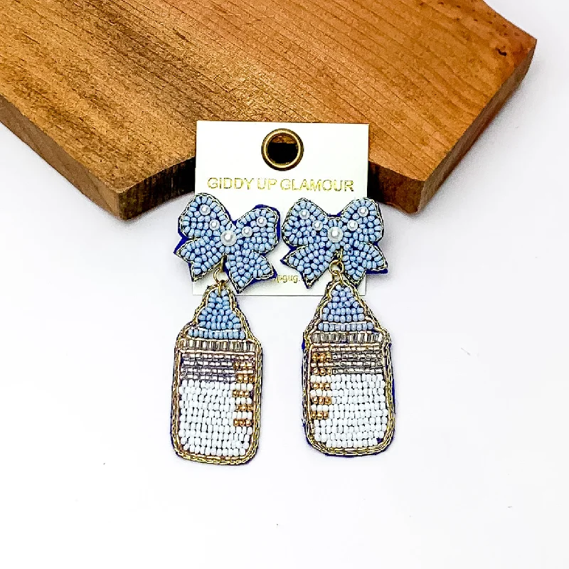 Best hoop earrings with detachable studs for a versatile and adjustable accessory-Baby Blue and White Beaded Bottle Earrings with Blue Bow Studs