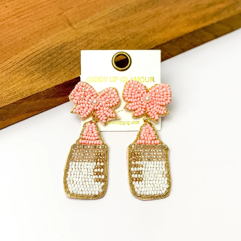 Hoop earrings with heart-shaped frames for a romantic and feminine look-Baby Pink and White Beaded Bottle Earrings with Pink Bow Studs