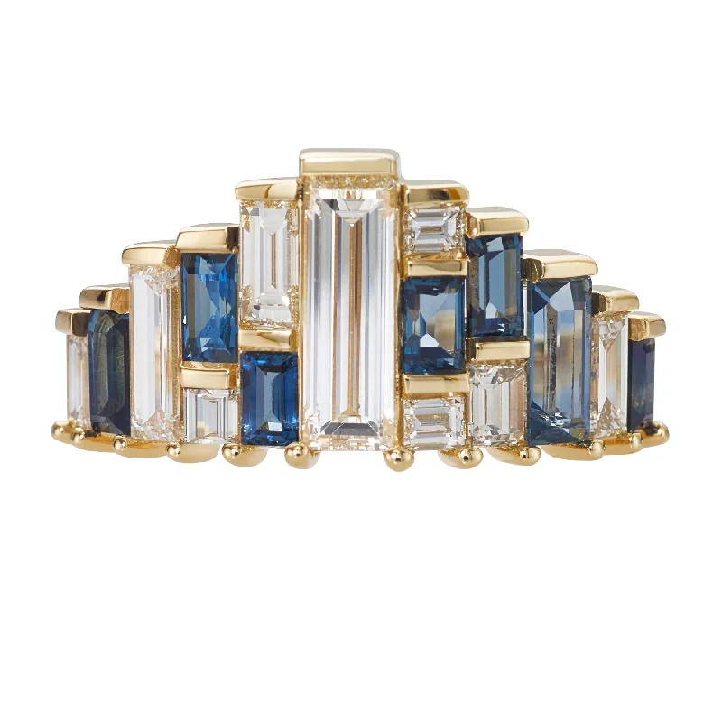 Engagement rings with cluster topaz for dazzle -Baguette Cut Sapphire and Diamond Tiara Ring