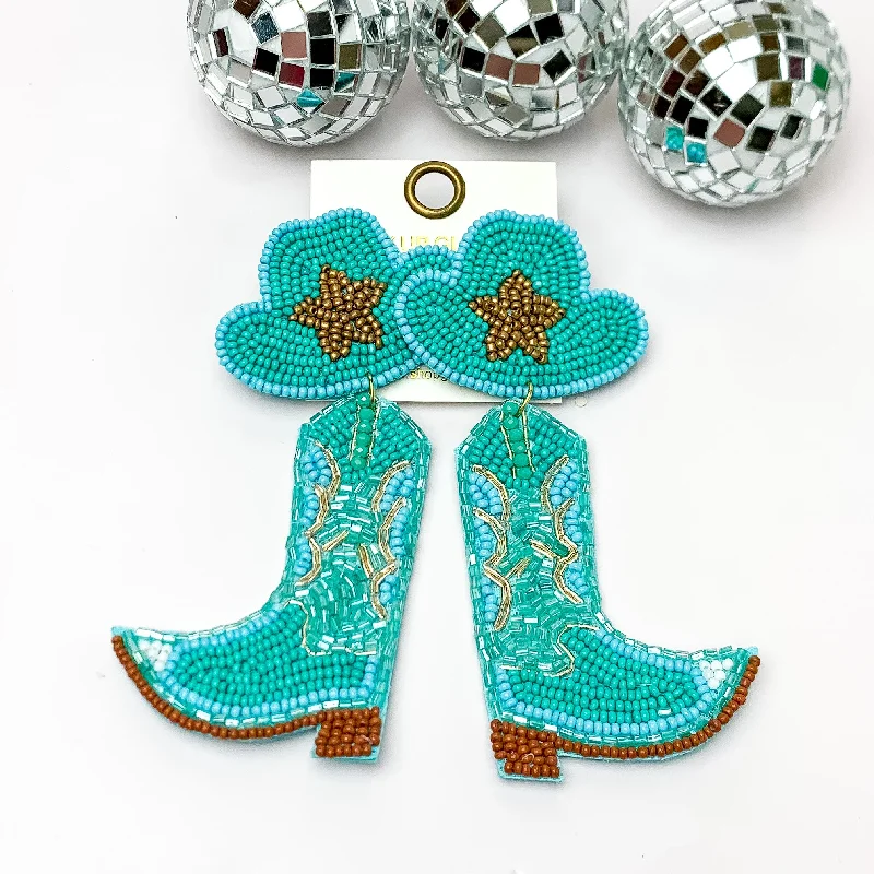 Hoop earrings with hammered copper for a warm and rustic aesthetic-Beaded Cowboy Hat and Boot Earrings with Gold Star in Turquoise Blue