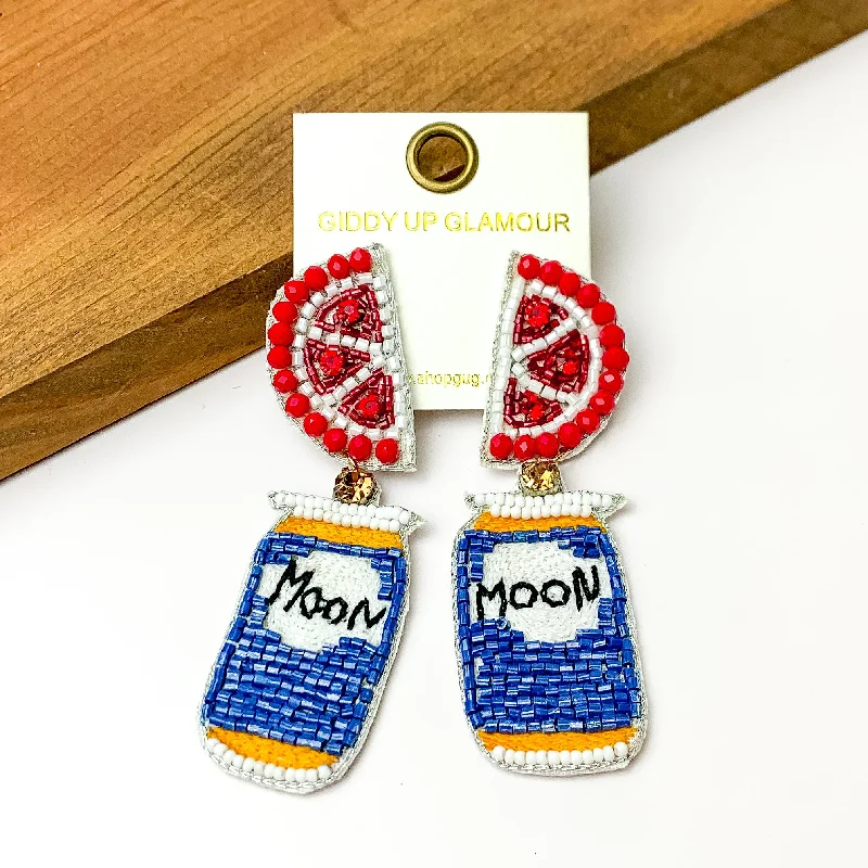 Hoop earrings with twisted leather for a chic and modern boho look-Beaded Blue Beer Can Earrings with Grapefruit Slice Studs