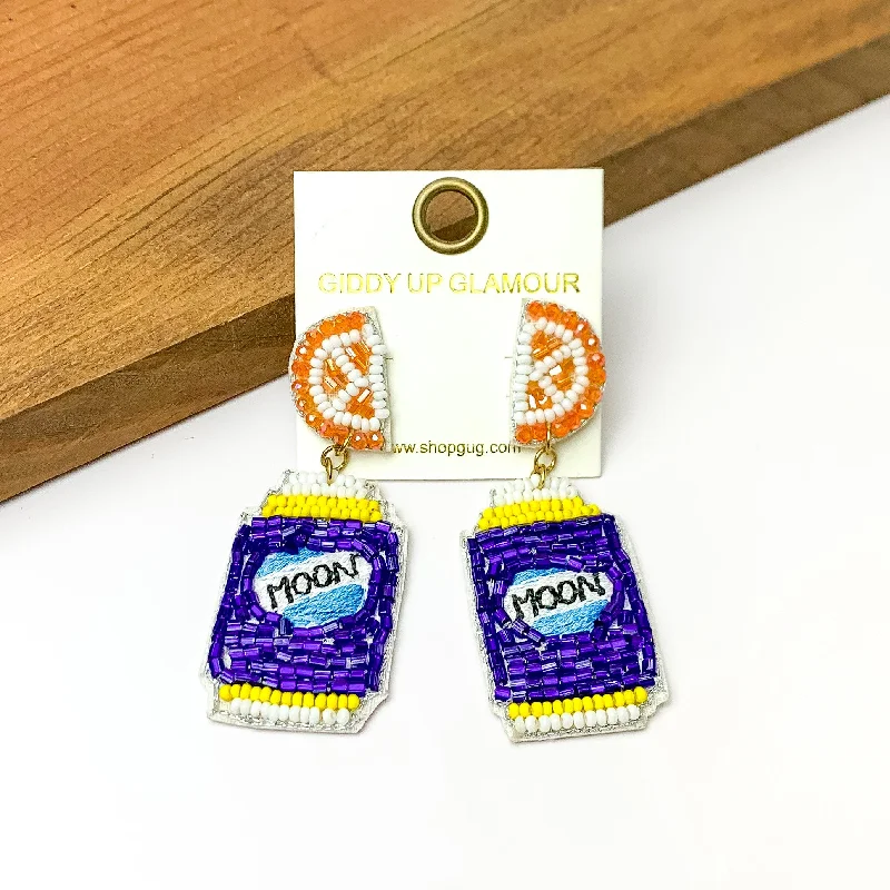 Best hoop earrings with satin ribbons for a soft, feminine appearance-Beaded Blue Beer Can Earrings with Orange Slice Studs