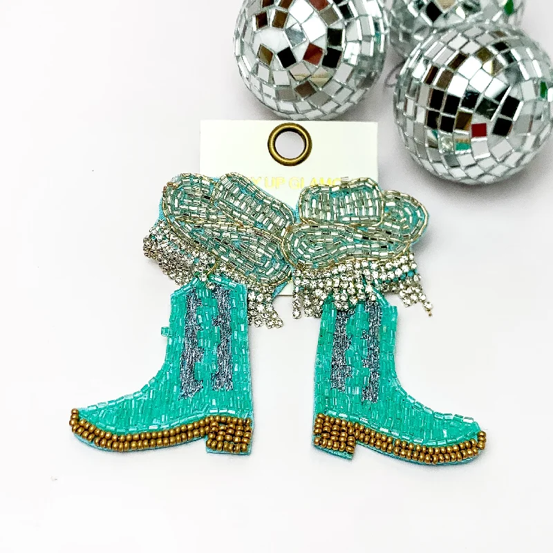 Hoop earrings with floral motifs for a feminine and nature-inspired look-Beaded Cowboy Hat and Boot Earrings with Clear Crystal Fringe in Turquoise Blue