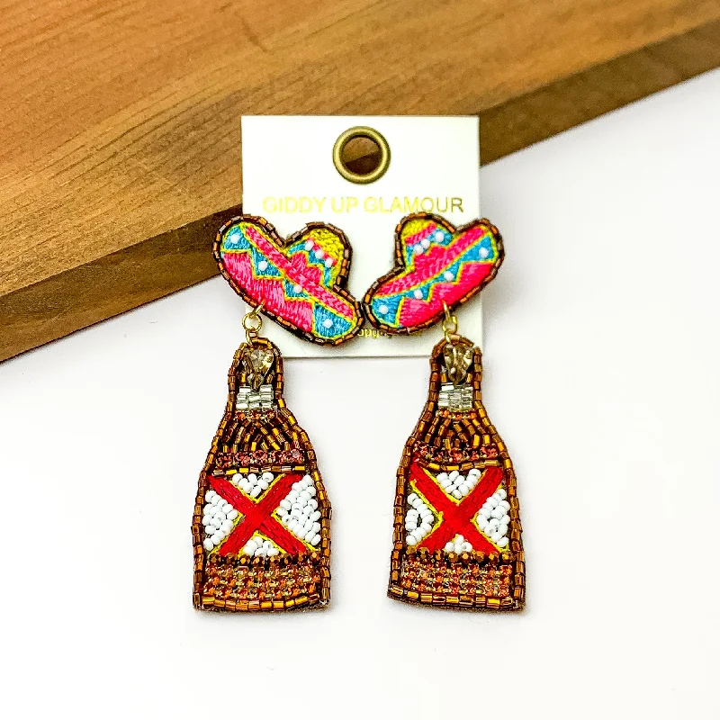 Hoop earrings with luxe velvet finishes for a rich and luxurious touch-Beaded Gold Beer Bottle Earrings with Sombrero Studs