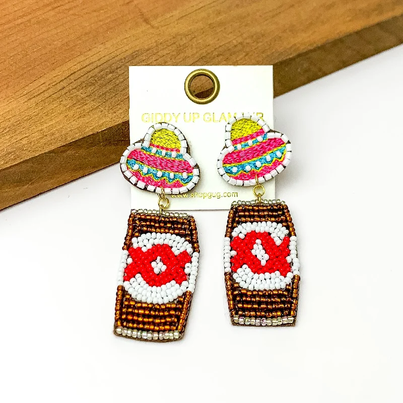 Hoop earrings with rhinestone-studded rims for a glamorous touch-Beaded Gold Beer Can Earrings with Sombrero Studs