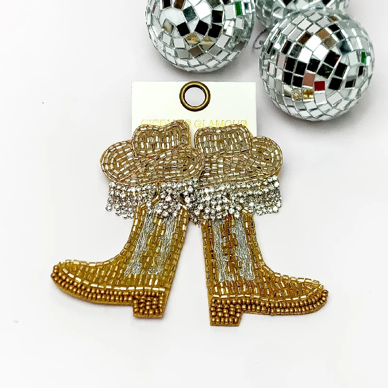 Stylish hoop earrings with diamond accents for an elegant and sparkling effect-Beaded Cowboy Hat and Boot Earrings with Clear Crystal Fringe in Gold