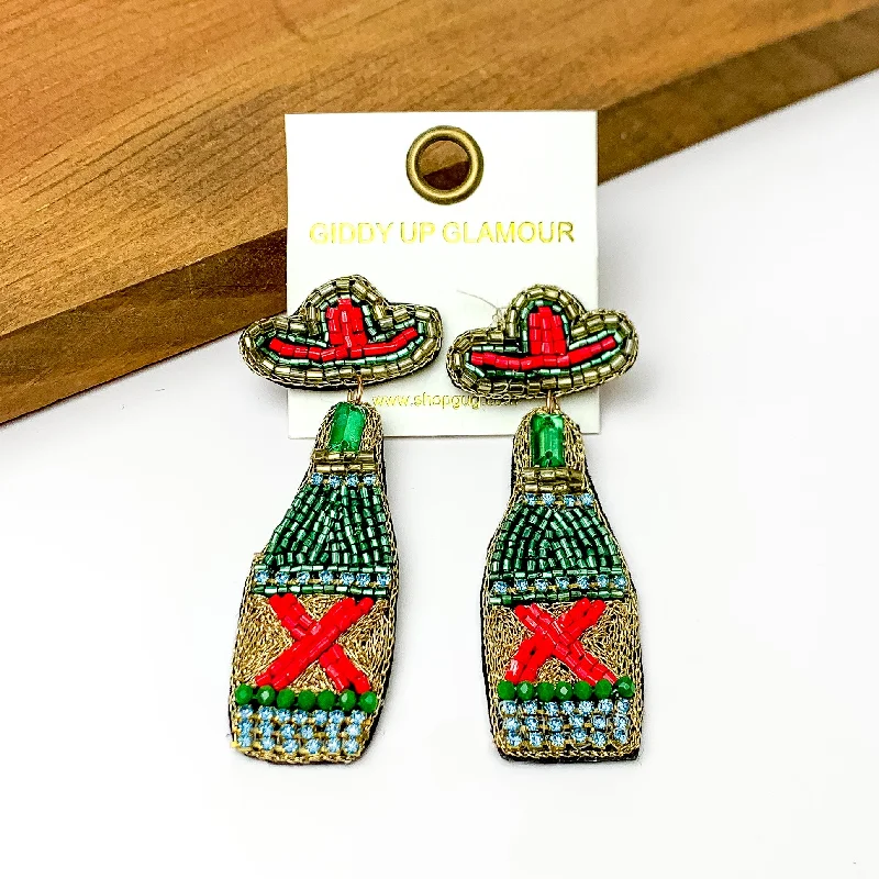 Hoop earrings with spiral designs for a dynamic and fluid look-Beaded Green Beer Bottle Earrings with Sombrero Studs