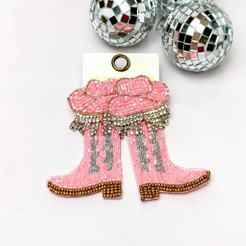 Best hoop earrings with braided leather for a rustic, stylish finish-Beaded Cowboy Hat and Boot Earrings with Clear Crystal Fringe in Pink