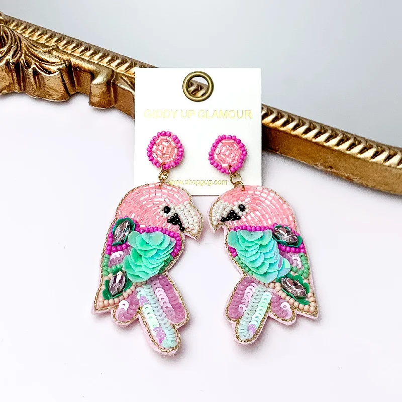 Hoop earrings with oversized pearl accents for a statement-making look-Beaded Parrot Earrings in Pink with Two Stones