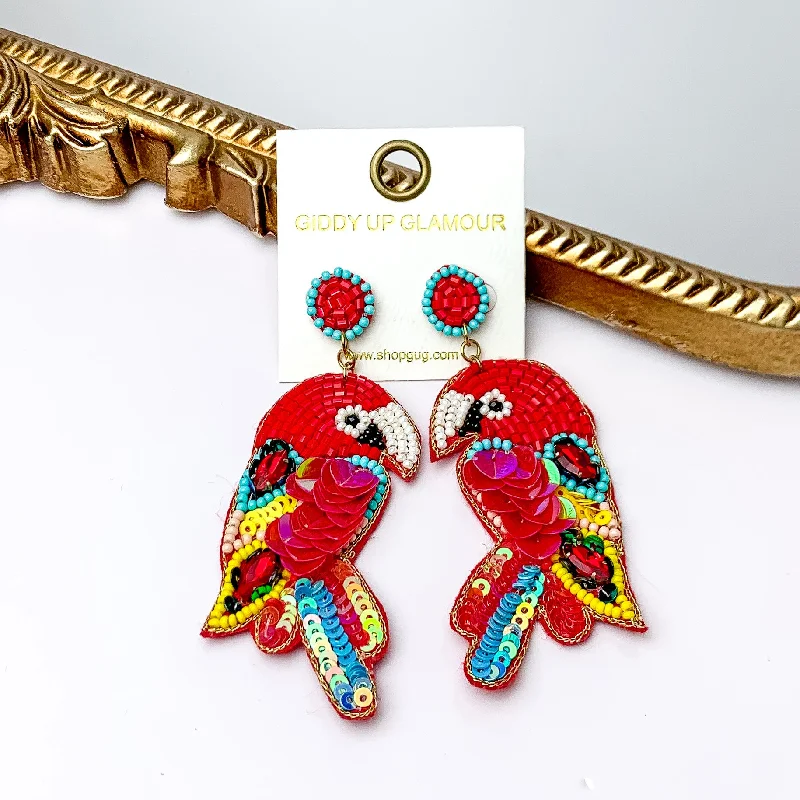 Best hoop earrings with sparkling cubic zirconia for a brilliant, budget-friendly effect-Beaded Parrot Earrings in Red with Two Stones