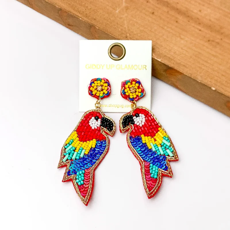 Hoop earrings with resin accents for a bold and colorful design-Beaded Parrot Earrings in Red