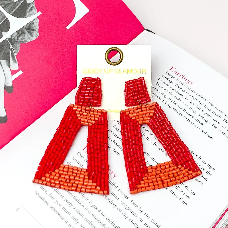 Classic hoop earrings with a thin profile for a sleek and subtle style-Beaded Rectangle Designed Earrings in Red, and Orange