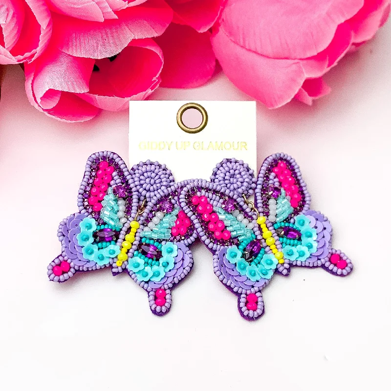 Small hoop earrings for a delicate and understated everyday wear-Beaded Summertime Butterfly Earrings in Purple, Blue, and Pink