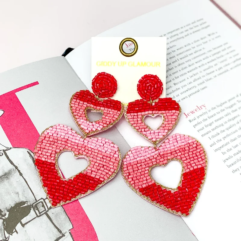 Hoop earrings with dangling charms for a playful and fun look-Beaded Two Tier Open Heart Earrings in Red and Pink