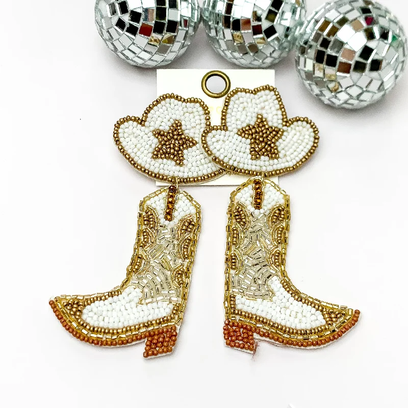 Hoop earrings with textured gold for a refined and sophisticated aesthetic-Beaded Cowboy Hat and Boot Earrings with Gold Star in White