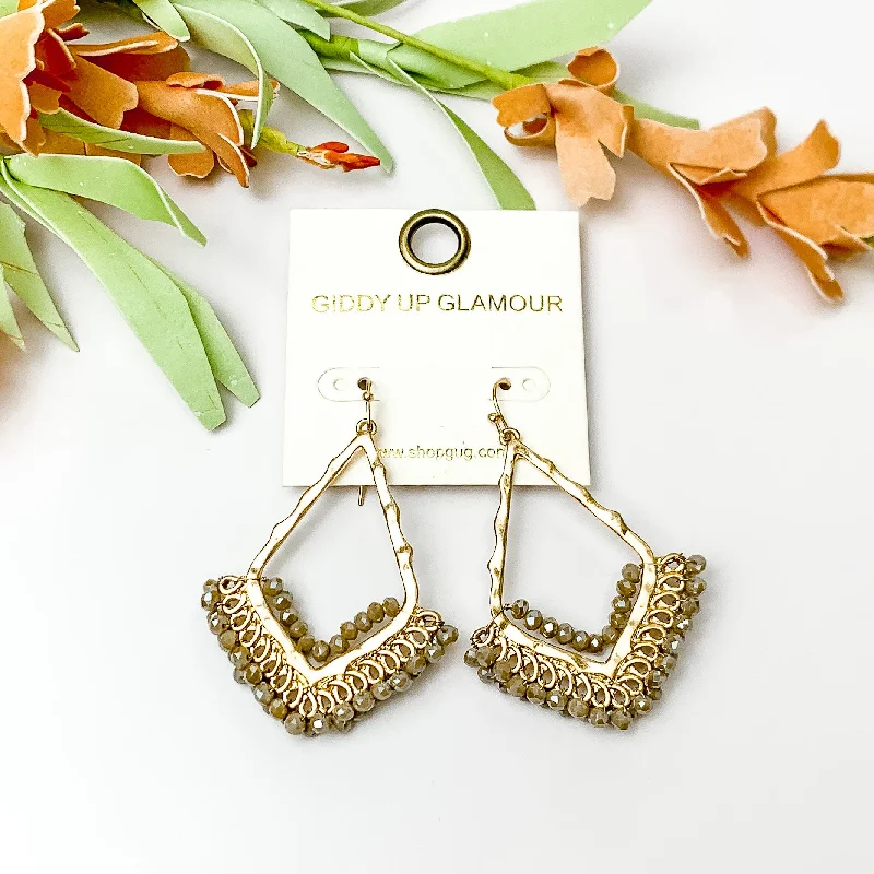 Hoop earrings with crescent moon shapes for a celestial and mystical appearance-Beige Crystal Beads Bordering Open Drop Gold Tone Earrings.