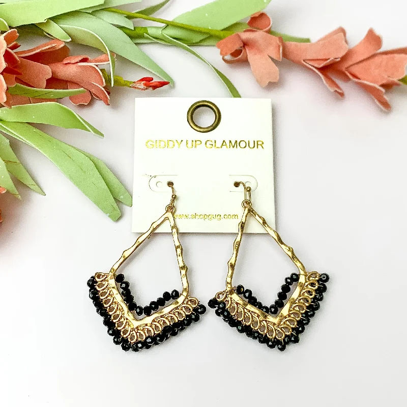 Hoop earrings with enamel stripes for a colorful and eye-catching design-Black Crystal Beads Bordering Open Drop Gold Tone Earrings