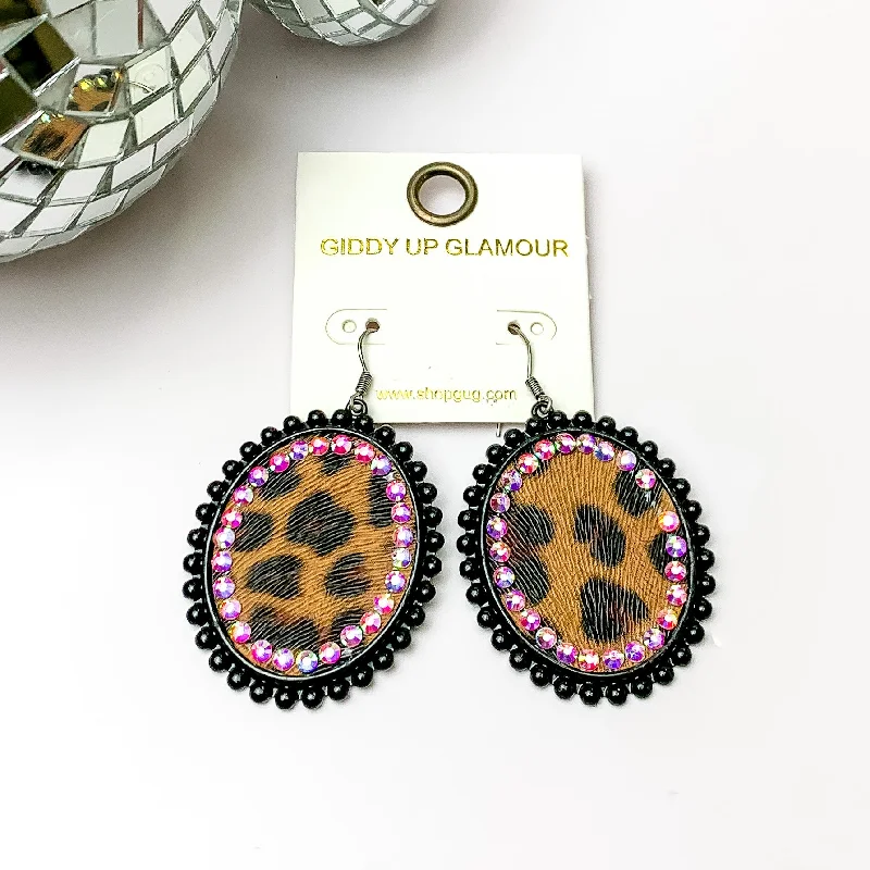 Hoop earrings with faceted crystals for added sparkle and shine-Black Oval Earrings with Leopard Print Inlay and Black Crystal Outline