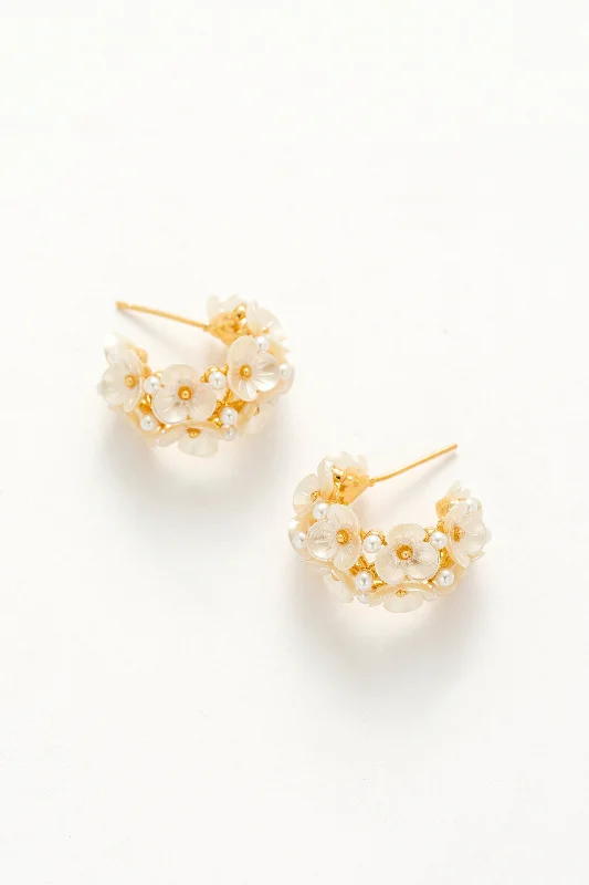 Hoop earrings with satin finishes for a smooth and elegant appearance-Celine Floral Pearl C Hoop Earrings