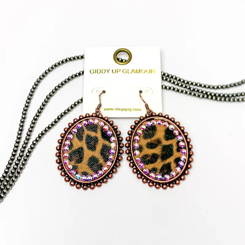 Best hoop earrings with blackened metal for an edgy and bold appearance-Copper Tone Oval Earrings with Leopard Print Inlay and AB Crystals Outline