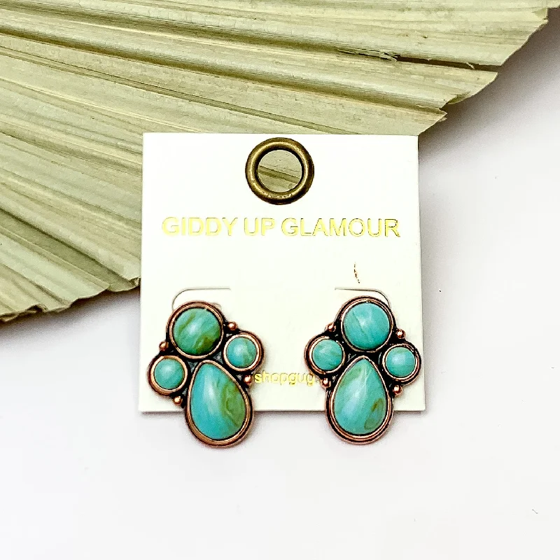 Hoop earrings with open designs for a modern, lighthearted vibe-Copper Tone Cluster Stone Earrings in Turquoise Green