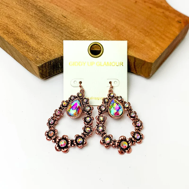 Hoop earrings with polished metal for a shiny and high-quality finish-Copper Tone Open Drop Flower Earrings with AB Crystals