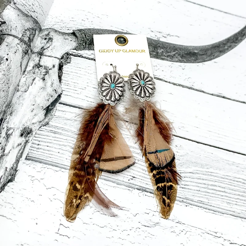 Large hoop earrings for a bold and statement-making fashion accessory-Desert Doll Silver Tone Feather Earrings in Brown