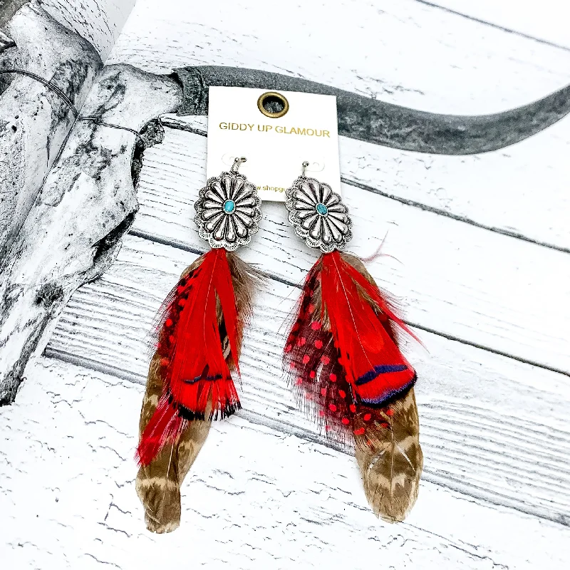 Hoop earrings with a matte finish for a sleek and sophisticated appearance-Desert Doll Silver Tone Feather Earrings in Red