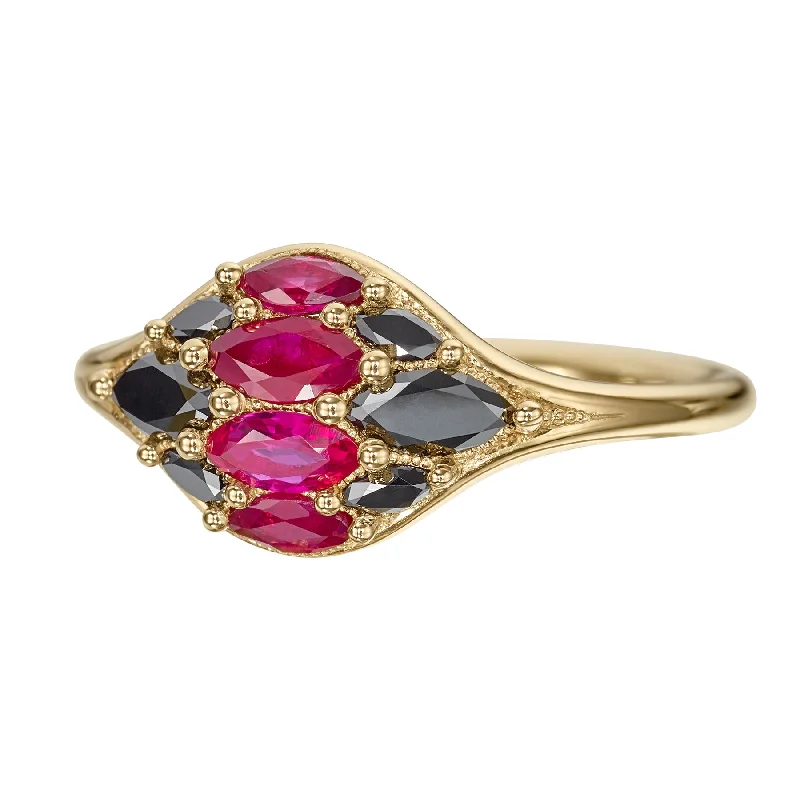 Engagement rings with starburst tiger eye glow -Dome Marquise Ruby & Black Diamond Ring