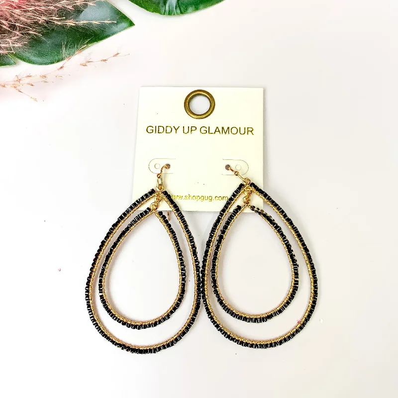 Best hoop earrings with intricate beaded details for a textured, stylish appearance-Double Open Teardrop Gold Tone Earrings with Beaded Outline in Black