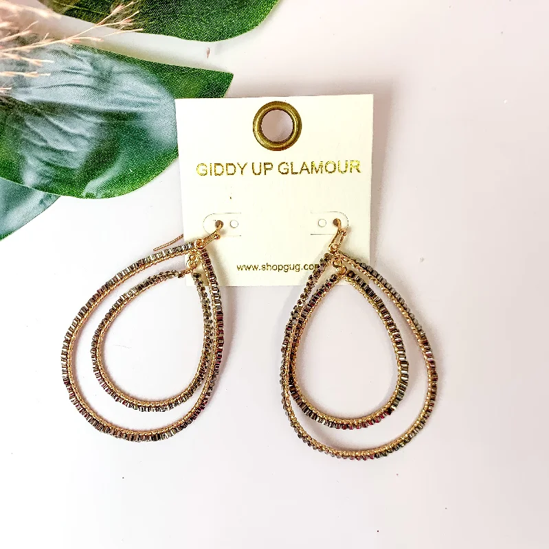 Best hoop earrings with enamel details for a colorful and modern look-Double Open Teardrop Gold Tone Earrings with Beaded Outline in Charcoal