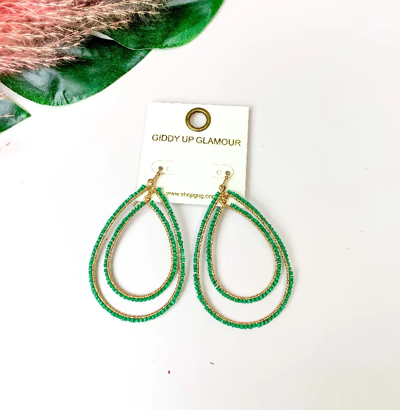 Hoop earrings with spiral designs for a dynamic and fluid look-Double Open Teardrop Gold Tone Earrings with Beaded Outline in Green