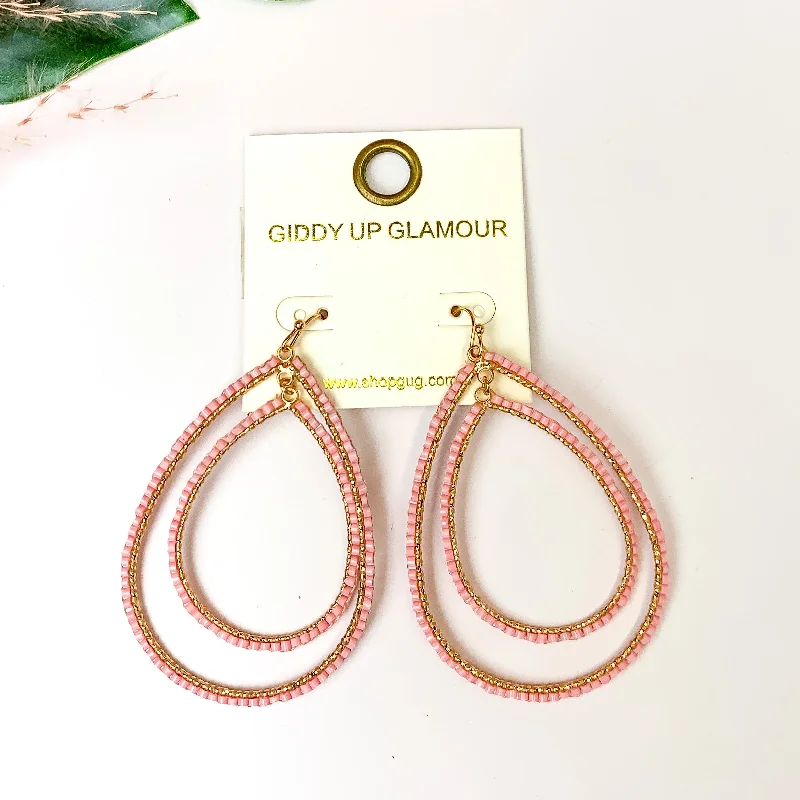 Hoop earrings with abstract wirework for an artistic, unique look-Double Open Teardrop Gold Tone Earrings with Beaded Outline in Light Pink