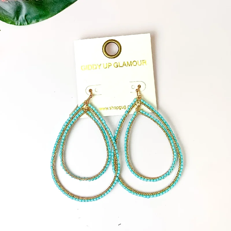 Best hoop earrings with crescent-shaped designs for a bold, moon-inspired style-Double Open Teardrop Gold Tone Earrings with Beaded Outline in Turquoise Blue