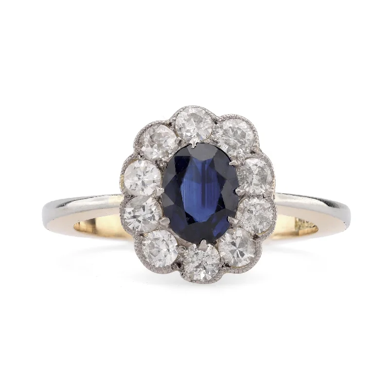 Engagement rings with infinity twist diamond bands -Edwardian Style Sapphire Diamond 18K Yellow Gold Cluster Ring