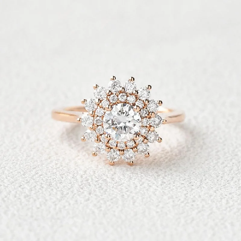 Engagement rings with halo of vibrant citrine -Flower Round Cut Moissanite Rose Gold Ring