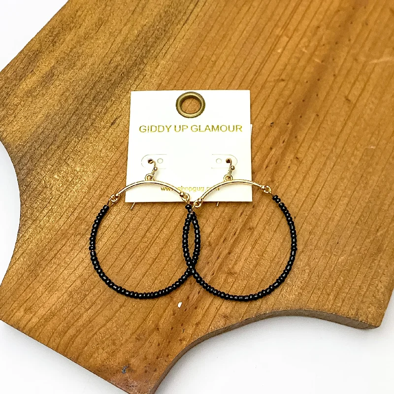 Lightweight hoop earrings for comfortable and all-day wear-Gold Tone Hoop Earrings Beaded in Black