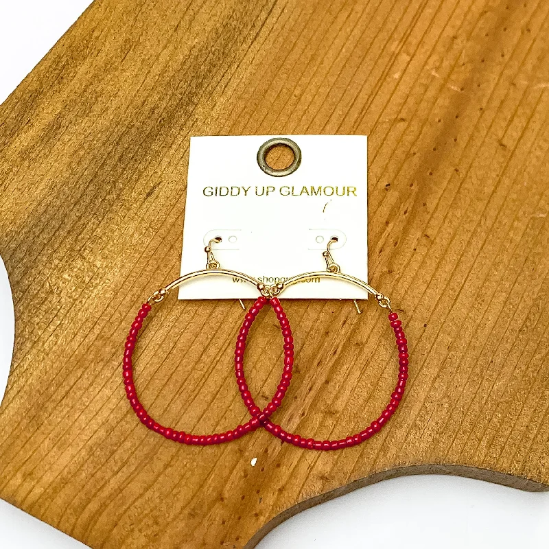 Small hoop earrings for a delicate and understated everyday wear-Gold Tone Hoop Earrings Beaded in Maroon