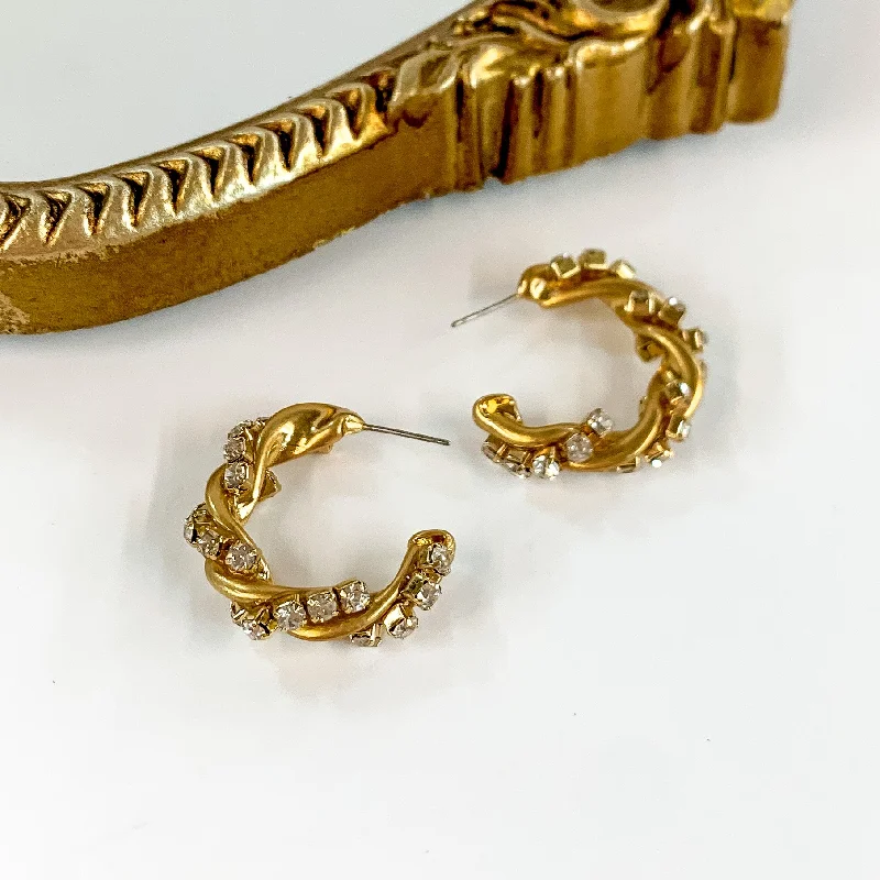 Best hoop earrings with delicate chain details for a trendy and stylish design-Gold Tone Twisted Hoop Earrings with Clear Crystals